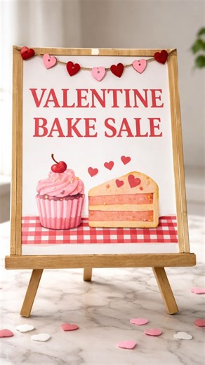 Valentine bake sale display for a Valentine’s Day bake sale coffee bar. A festive setup designed with sweet details and soft Valentine colors for a cozy coffee bar look. | Crafty Beach