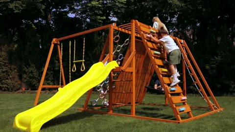 Sycamore Backyard Ultimate Climbing Set with 2 Swings and Trapeze Bar - Outdoor Playset for Kids with Gymnastics Bar, Rock Climbing Holds, and Sensory Playground Accessories - Wooden Swingset for Ages