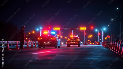 Police cars with flashing lights at a night road checkpoint, showing traffic control, public safety, and law enforcement operation
