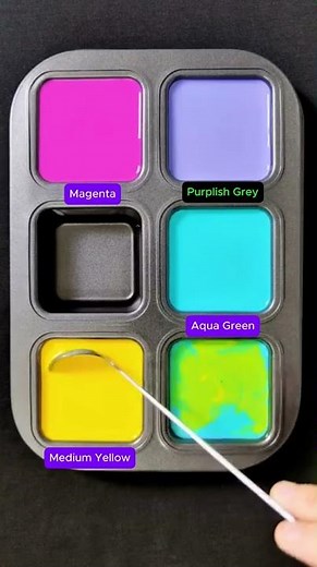 Create 3 colors from 3 colors: Magenta + Aqua Green + Medium Yellow #asmr #mix #mixing #colors