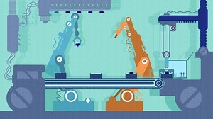 Conveyor production. Automated robotics perform cutting, fixing and packing of the product during its movement along the conveyor belt. Cyclic flat animation.