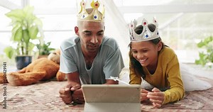 Tablet, fantasy or education with a father and daughter on the floor of a bedroom for distance learning. Family, children and a man parent teaching his female kid while doing homework in the home