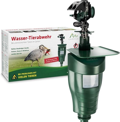 GARDIGO® Wasserstrahl Tiervertreiber I Vogelabwehr, Reiherschreck, Katzenschreck für Garten | PIR-Bewegungsmelder I Reichweite bis zu 10 m I Vogelschreck, Katzenabwehr, Hundeabwehr | Inkl. Batterien