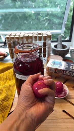 Pickled beets and eggs- My fall favorite pickles! Red pickled beets and eggs are not only a Pennsylvania-Dutch classic but also a perfect fall treat, with their vibrant colors and warm, comforting spices like star anise, cardamom, and allspice. 🍂 ✉️ comment “pickled eggs” for my full detailed instructions and recipe! If you’ve never had purple eggs before, now’s your chance! I first tried them over 10 years ago on an Upstate NY farm, and I’ve been hooked ever since. We’re using Organic Free-Ran