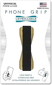 LOVEHANDLE Universal Phone Grip for Smartphones & Mini Tablets - Phone Holder for Hand - Wireless Charging Compatible - Made in The USA - Black Elastic Strap with Gold Base