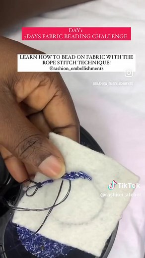 Good news 🎉 Rashion embellishments will be going on a 3 days Fabric beading challenge. I will be teaching you different beading stitches for FREE for 3 days. #beadingtutorial DAY1 Beading stitch: Rope stitch Materials: Broken glass beads, fabrics, thread and beading needle. I hope you find this helpful! Online fabric beading courses are available, send a dm to join! #fypシ #beadingtutorials #foryourpage