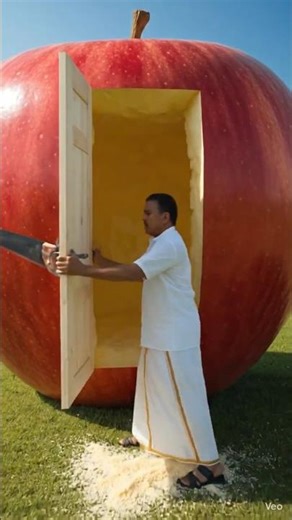 Man Carving a Giant Red Apple in a Green Field - Surreal Digital Art