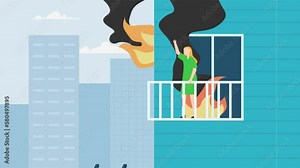 Firefighter climbing ladder rescuing woman in high rise building