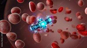 A nanobot swims through a bloodstream, interacting with red blood cells, while the camera zooms in, highlighting its blue glow against a dark background