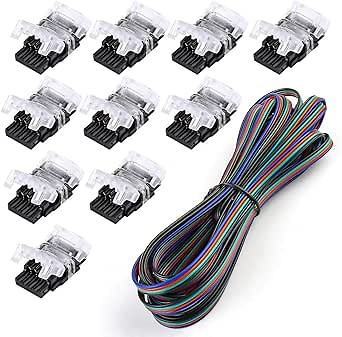 SUPERNIGHT 10 Pack 4 Pin LED Connector for Waterproof 10mm RGB 5050 LED Strip Lights, Strip to Wire Quick Connection Without Stripping, Include UL Listed 16.4ft 22 Gauge 4 Conductor Extension Cable