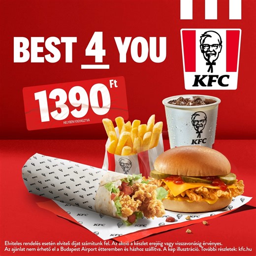 938 reactions · 29 shares | Best4You: 4 termék, helyben fogyasztva csak 1390 forintért a KFC-ben! 隸 Sajtburger, iTwist vagy mindkettő? Válaszd ki a kedvenc összeállításod az Appon!  Android: https://tinyurl.com/kfc-android iOS: https://tinyurl.com/kfc-ios Elviteles rendelés esetén elviteli díjat számítunk fel. Az ajánlat nem érhető el a KFC Budapest Airport étteremben és nem rendelhető házhoz. A kép illusztráció. | KFC | Facebook