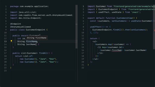 #HillaFramework offers a zero-configuration toolchain for building #WebApps that combine both your #frontend UI and #Java stack in a single project. Fetching data from the Java backend is a breeze, thanks to auto-generated #TypeScript code. Discover Hilla by #Vaadin 👉 https://bit.ly/44IqMBS | Vaadin