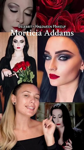#MorticiaAddams Celebrity halloween makeup tutorial🥀 Inspired by Sophie Turners costume & the iconic Anjelica Huston🖤 @YSL Beauty All Hours Foundation LN1 @Lancôme Teint Idole Concealer @KryolanOfficial Tv paint stick in white @Huda Beauty Easy bake powder in cupcake @Hard Candy Wednesday Addams Eyeshadow Palette @makeupbymario Master pigment pro eyeliner pencil @urban decay 24/7 inks liner @milkmakeup sculpt stick in toasted @Benefit Cosmetics POWmade shade 5 @Dose of Colors Black rose lip li