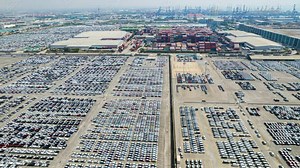 Drone Footage: Massive Finished Vehicle Inventory Management in a Storage Yard at a Major Seaport Logistics Hub for Worldwide Automotive Export