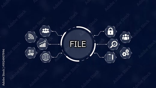 Central circular hub labeled FILE connected by lines to surrounding hexagonal representing data analysis security and teamwork on a dark blue gradient