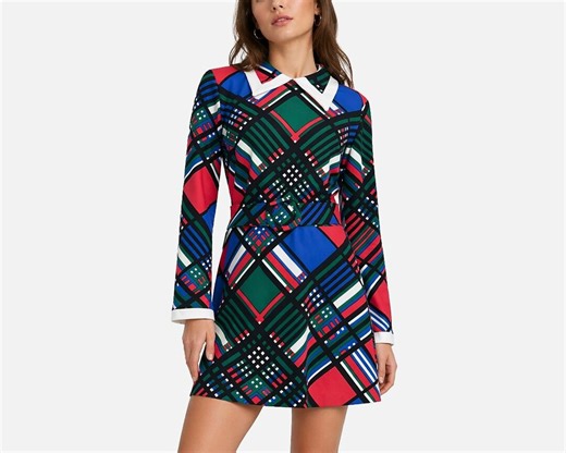 1970s Lady Carol Tartan Plaid Mini Dress | Mod Geometric Belted Long Sleeve - Etsy