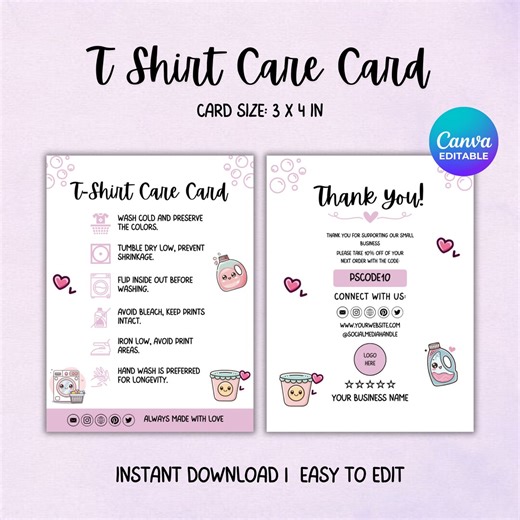 Editable T Shirt Care Card Template, Washing Instructions Care Card, Printable T Shirt Care Card, Clothing Care Instructions, Canva Template - Etsy