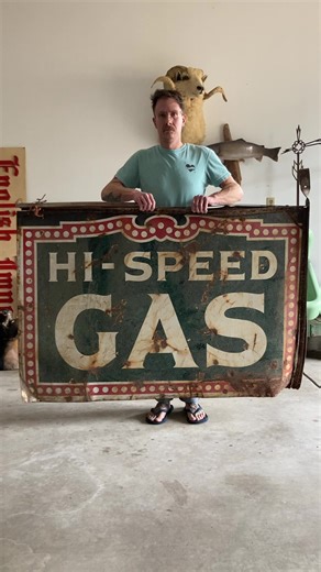 Rare Hi-Speed Gas sign. #goodasold #hispeedgas #porcelainsign #vintagesigns #antiquesign #architecturalsalvage #vintage #antique #michigan #gasandoil #petroliana
