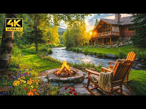 Soothing Spring Ambience Riverside in Forest with Cozy Campfire and Calm Nature Sounds for Relaxing