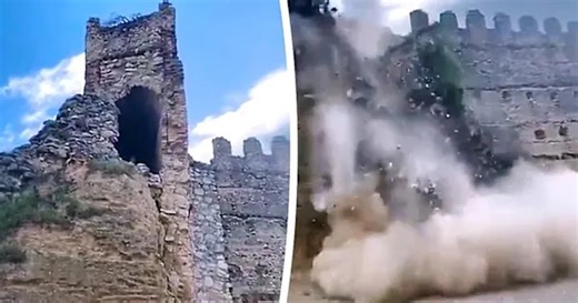 Medieval tower suddenly collapses at historic Spanish castle