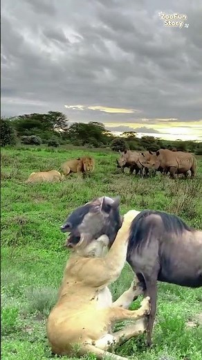Lion Hunts a Wildebeest While Rhinos Watch | Intense Safari Wildlife Moment