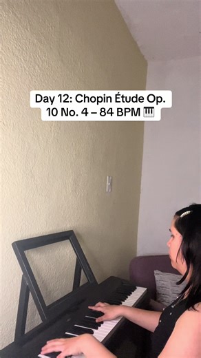 Chopin’s Étude Op. 10 No. 4 “Torrent” 🎹 Day 12 of learning this piece. Put in a solid 90 minutes today. It hasn’t been the main priority this week, and I was honestly just going to do a casual run-through, but then I realized I could actually push 85 BPM. Recorded this at 84 just to get that fake (but very satisfying) feeling of what it sounds like at 168 by playing the video at 2x lol. I’m hitting this daily just to keep the muscle memory locked in, but I’m being as careful as possible with th