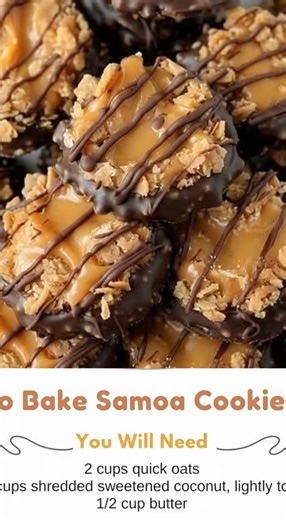 No-Bake Samoa Cookies 🍪 These no-bake cookies capture all the classic Samoa flavors—chewy toasted coconut, rich caramel, and decadent chocolate—without ever turning on the oven. Ingredients Chewy Cookie Base 2 cups quick oats 1½ cups shredded sweetened coconut, lightly toasted ½ cup unsalted butter ½ cup milk (whole or 2%) 2 cups granulated sugar ½ cup creamy peanut butter (optional, for extra chew and flavor) 1 tsp vanilla extract Caramel Topping 11 oz caramels, unwrapped 2 tbsp heavy cream Ch