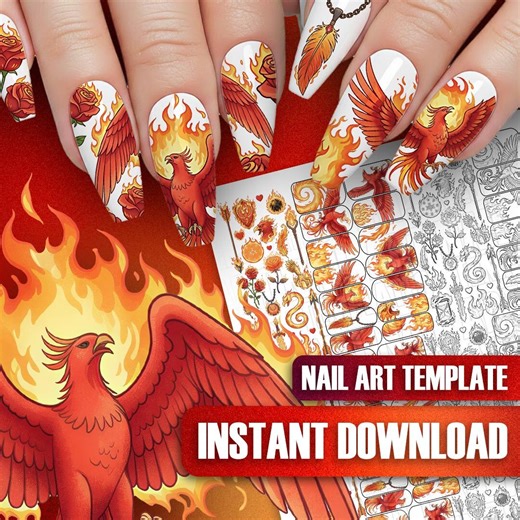 Fire Phoenix Nail Art Template: Decals Stickers Practice Sheet Fantasy Flame Design - Etsy UK
