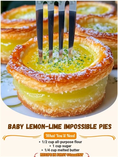 Light, crunchy, and melt-in-your-mouth creamy with a citrus punch. 🍋🍈✨ These Baby Lemon-Lime Impossible Pies bake up with a golden crust, a bright lemon-lime custard center, and a tangy-sweet finish that’s impossible to resist. One batter. Three textures. A duo of citrus that does all the talking. 😉 🧂 Ingredients: ▸ 1/2 cup all-purpose flour ▸ 1 cup sugar ▸ 1/4 cup melted butter ▸ 4 large eggs ..... Fυll ᖇecίpe in Top Coʍmеոτ 💬 Enjoy ❤️ #LemonLimeDesserts #ImpossiblePie #MiniPies #CitrusLov
