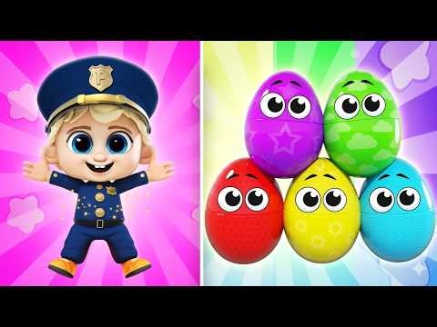 The baby policeman opens the colorful surprise eggs! 🥚🌈