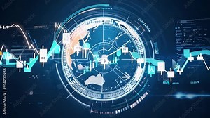 A digital blue background featuring a clock-like design with notes and lines, incorporating icons and symbols representing time, technology, and global concepts in a modern, business-oriented style