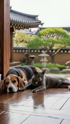 🏯Peaceful Coexistence: Beagle and Cat Relaxing in a Traditional Korean House🐾#doglife #dogandcat