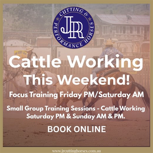 🐄 SMALL GROUP CATTLE WORKING — THIS WEEKEND 🐄 at JR Cutting & Performance Horses Focused, hands-on cattle work in a small group setting, designed to build confidence, timing and feel — without pressure. 🐎 What to expect: • Limited numbers for individual feedback • Practical cattle exposure • Confidence-building progression • Supportive, professional environment ✨ Make a weekend of it ✨ Train across Friday PM / Saturday AM or Saturday PM / Sunday AM. ✔ Free camping available ✔ Horse yards prov