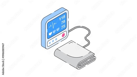 Isometric animated icon of digital blood pressure monitor for health diagnostics