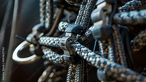 The intricate structure of a harness is revealed in a closeup shot showing all the points where it connects to the rope and gear.