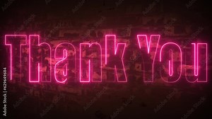 Neon sign text Thank you. Brick wall with the words "Thank you" written in bright orange at night. Messages of thanks, joy, and thankfulness. 3D representation