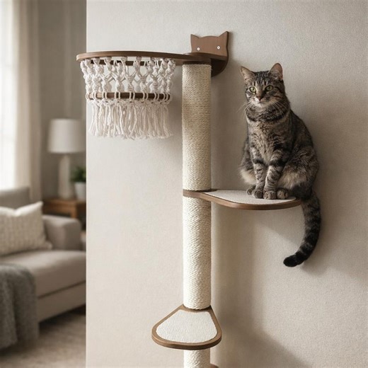 Wall Mounted Cat Tree With Macrame Basket, Sisal Scratching Post, Modern Cat Climber, Space Saving Cat Furniture,cat Shelves,cat Scratcher - Etsy