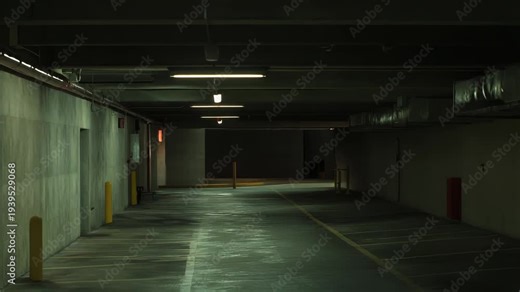 Empty underground parking garage creating a moody and foreboding atmosphere, featuring dim fluorescent light reflecting on the polished concrete floor and ventilation ducts
