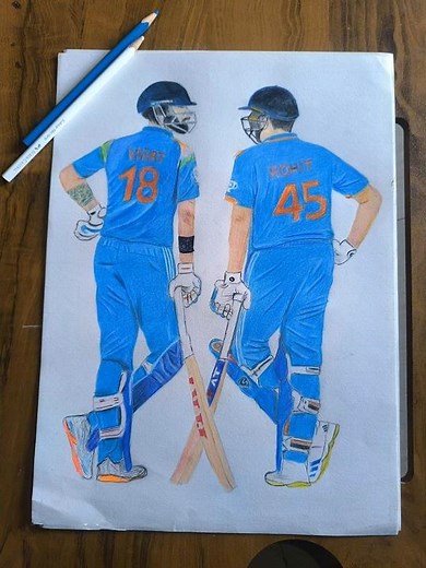 🏏Rohit Sharma & Virat Kohli Sketch💙 | India Cricket Art | Color Pencil Drawing #india #cricket