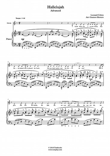 Hallelujah (Advanced Level, solo piano) (Leonard Cohen) - Piano Sheet Music