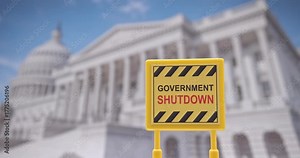 “Government Shutdown” caution sign in front of the Capitol. Symbol of U.S. budget conflict, federal service halt, and global economic concerns after Trump–Xi diplomatic talks.