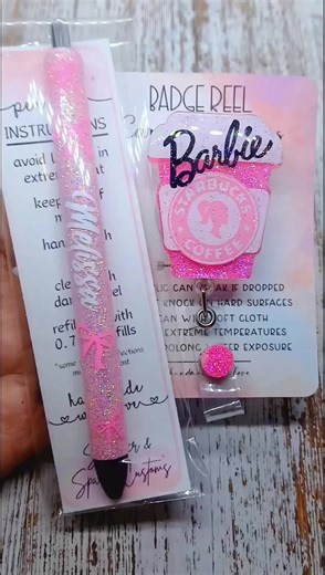 Barbie Coffee Badge Reel and Custom Bow Pen Set