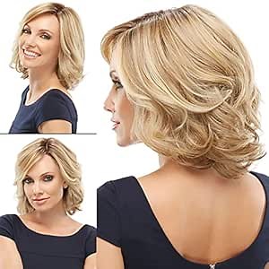 Beimer Layered Short Ombre Blonde Curly Bob Wigs for White Women Shoulder Length Blonde Curly Wavy Wig with Dark Roots Natural Looking Synthetic Hair Wig for Daily Use