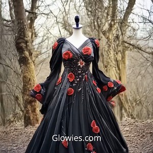 19K views · 1.3K reactions | A gothic vision in elegance, the model stands fierce and ethereal in a flowing black dress adorned with red roses. The contrast of crimson against darkness tells a story of beauty and rebellion, like a rose blooming in the shadows. Her gaze is powerful, her presence haunting—she embodies romance with a touch of the macabre. This isn’t just fashion—it’s a whole mood.  | Gothic Darling | Facebook