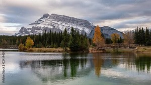 Scenery of Cascade Ponds with mount Rundle in autumn park at Banff national park