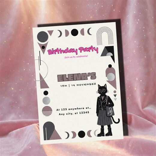 Scorpio Gril Zodiac Birthday Invitation Cat Scorpion Party, November Birthday, Editable Canva Template