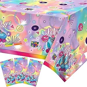 3 Pcs Roller Skating Disposable Tablecloth, Colorful Plastic Roller Skating Table Cover, Let's Roll Colorful Party Decoration Birthday Party Decoration