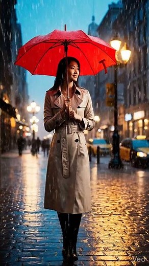 beautiful woman walking through a downfall of rain with her red umbrella #RedUmbrella#CalmShorts