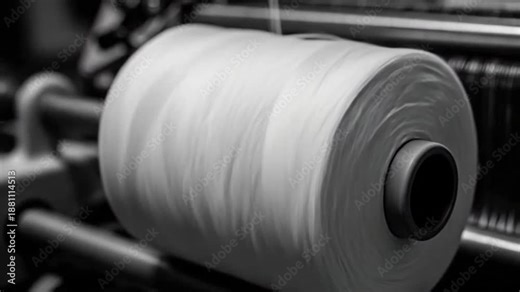 Close-up of a spool of white thread on a textile machine, monochrome.