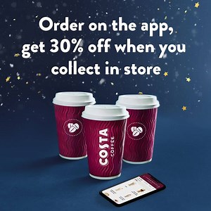 Enjoy 30% off your favourite Costa when you pre-order with our app to collect in-store until 2nd December. That’s 30% off Costa Classics and Festive Faves! the app here: https://swf3j.app.goo.gl/kxnh8 *For full T&Cs and participating stores visit: costa.co.uk/terms-and-conditions | Costa Coffee